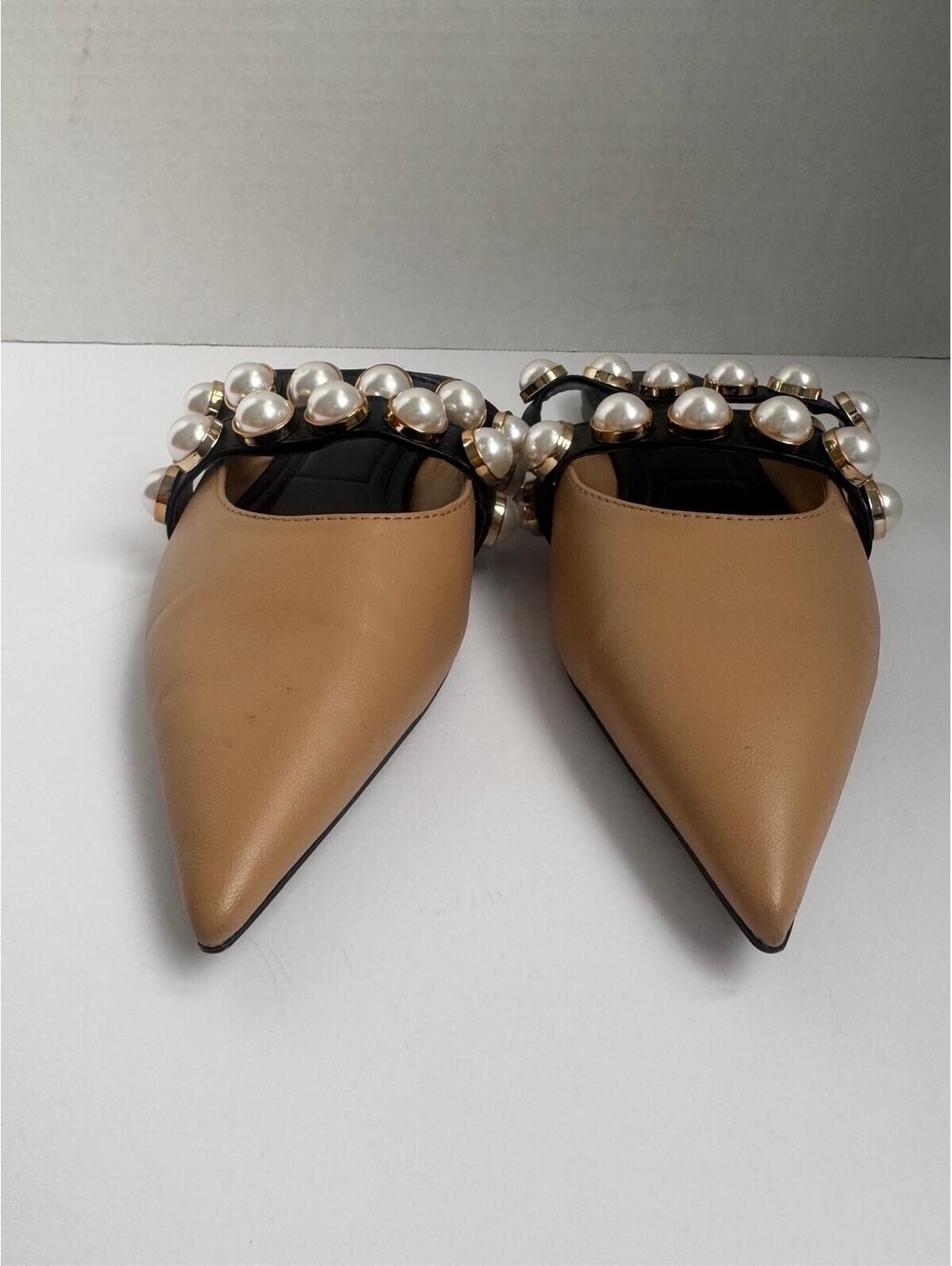 Zara Low‑Heeled Mules with Faux Pearl Trim|Tan/Beige Faux Leather| Size 36/ US 6